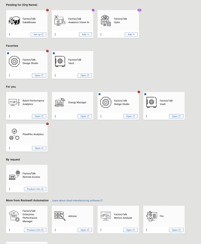 Graphic shows types of tiles and badges available in FactoryTalk Hub