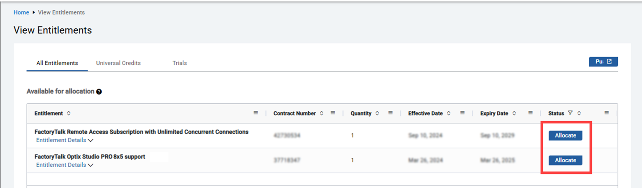 This image shows where to allocate an available entitlement in FactoryTalk
              Hub.