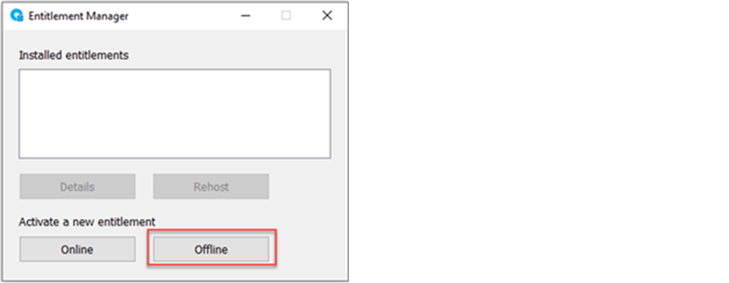 This image shows where to click Offline in the FactoryTalk Optix Entitlement
              Manager.