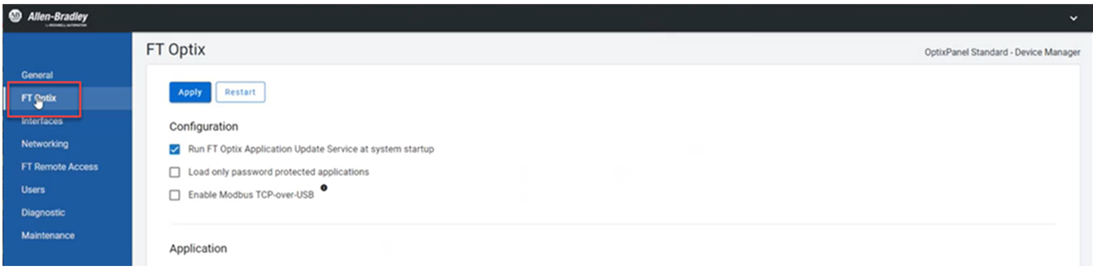 Initial screen on the FactoryTalk OptixPanel Device Manager.