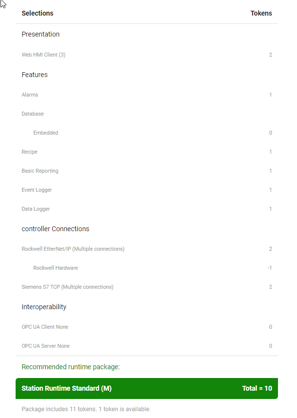 An example runtime sizing for a package in a L system.