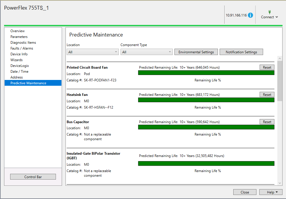 An example of a PowerFlex 755TS drive's predictive maintenance page in Connected Components Workbench software.