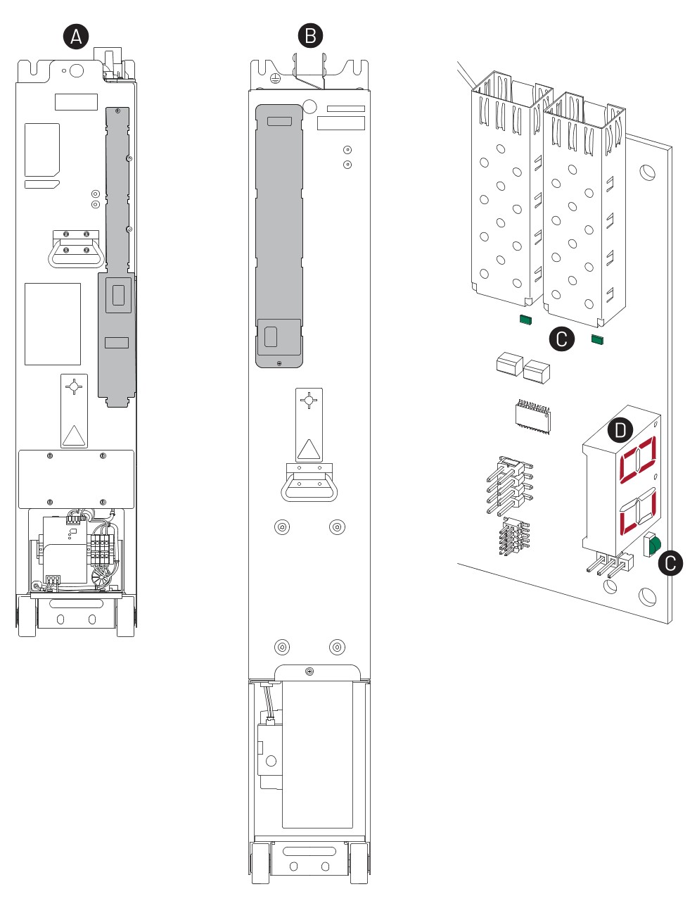 The location of status indicators on a power layer interface circuit board.